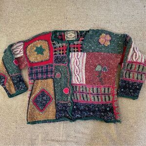 Vtg 90s Y2K Express Chunky Cardi Sweater Patchwork Wool Angora Blend Sz M Boho